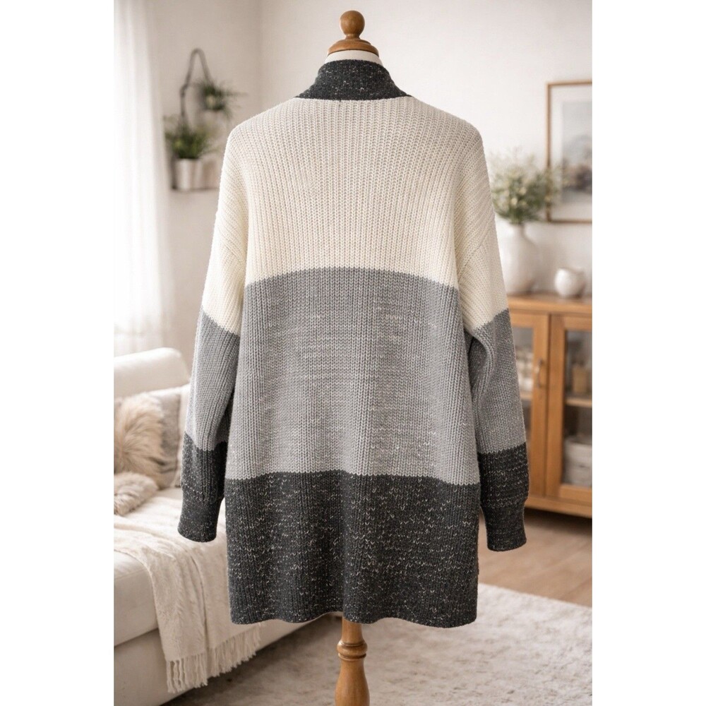Eddie Bauer Open Front Cable Ivory Gray Black Cardigan Sweater Women’s Large - Picture 5 of 5